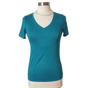 Nike Womens Tee S Teal Green Dri-Fit Athletic V-Neck Run Sports Workout Casual T